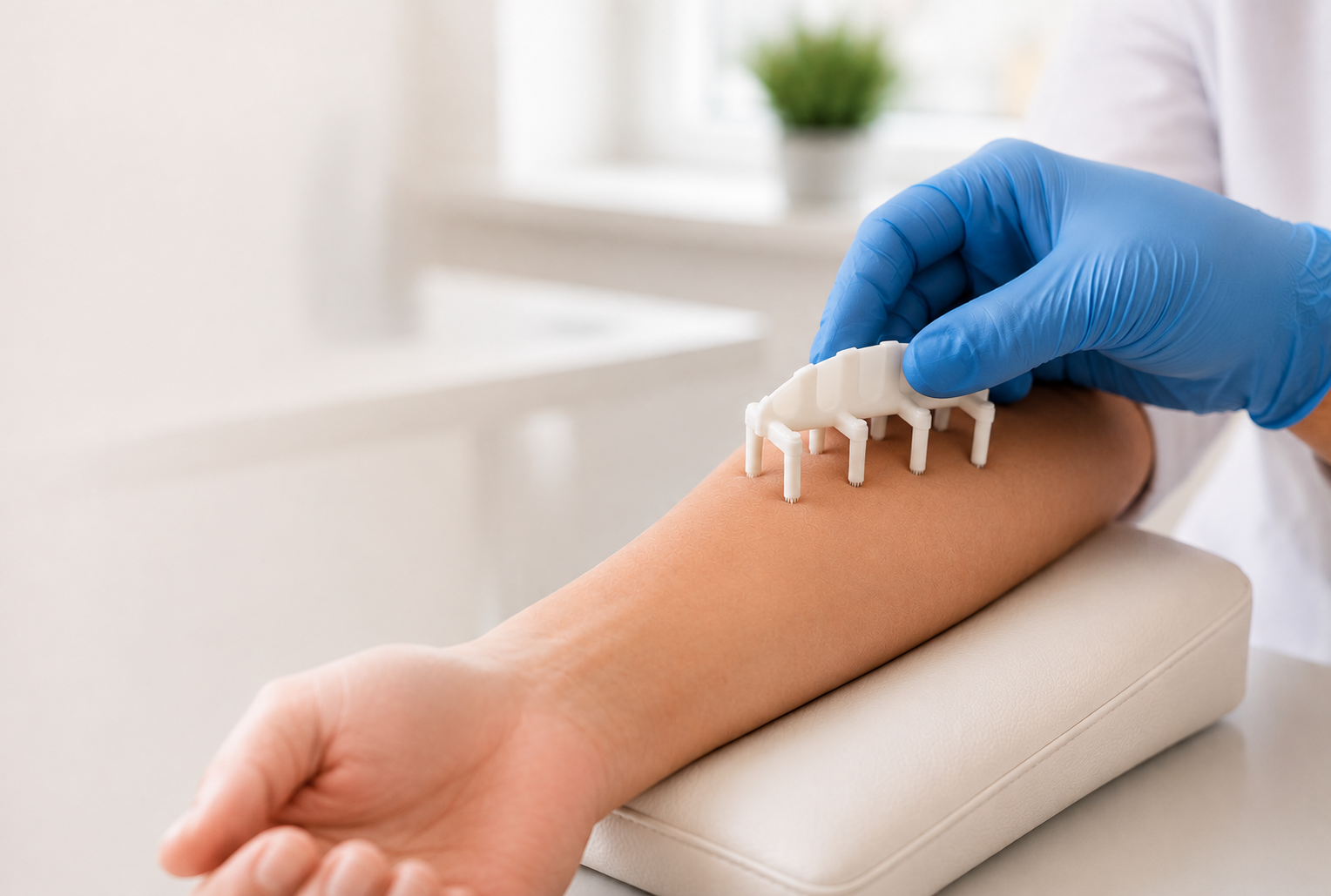Physician performing allergy skin prick testing on a relaxed patient